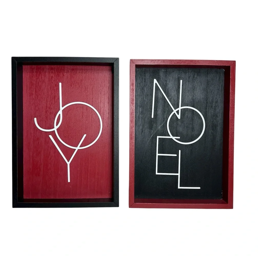 2 Set JOY NOEL Red Bkack White Wood Metal Modern Minimalist Wall Shadow Box Art